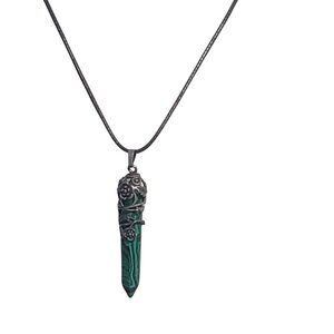 Green Malachite Pendant Necklace Intricate Silver Floral Wrap Design Adjustable
